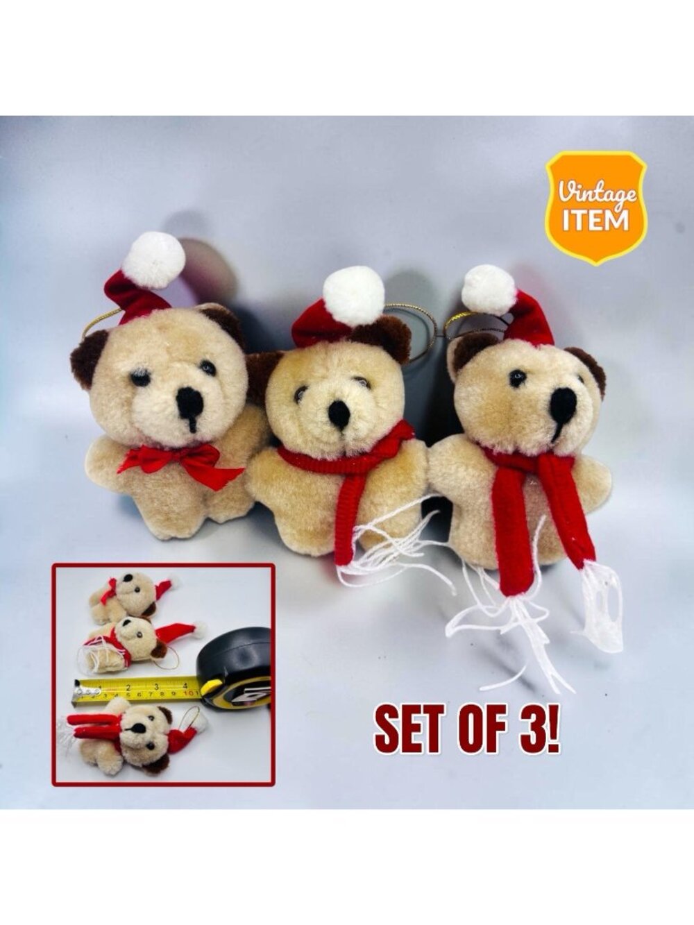 Vintage Stuffed Teddy Bear Hanging Christmas Holiday Tree Ornaments. RARE!